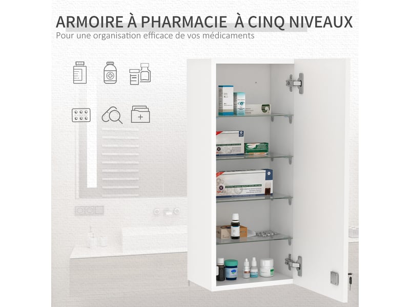 Armoire à pharmacie murale avec serrure, 5 étagères et tablettes réglables, bois et verre, 30x20x70cm, blanc - Conforama W