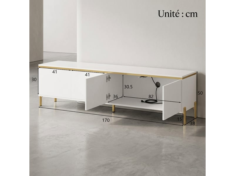  Ensemble meuble tv et table basse blanc brillant avec détails dorés, meuble tv 170 cm  - Conforama C