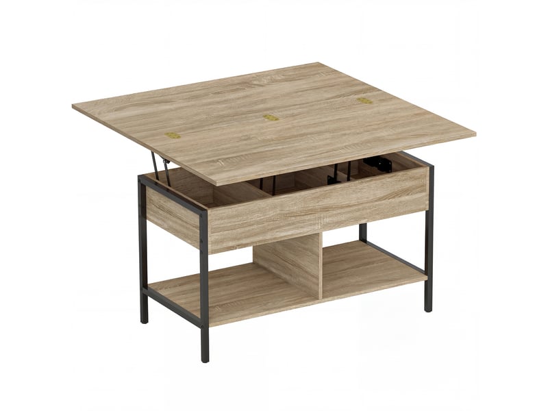  Table basse relevable et extensible, 98x49x55cm, table de salon avec compartiment caché étagères ouvertes, bois naturel  - Conforama B