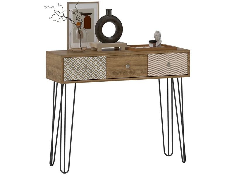  Console à 3 tiroirs avec pieds en acier épingle à cheveux, style bohème naturel  - Conforama A