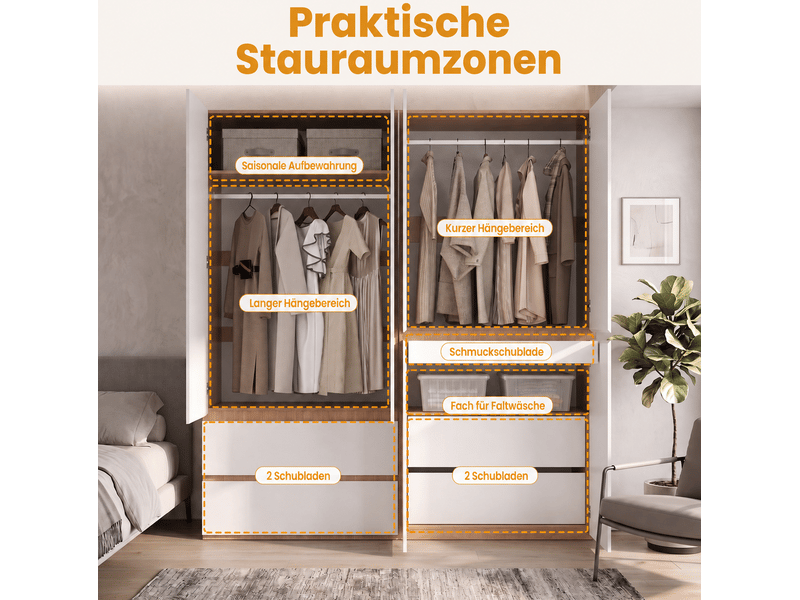  Armoire 6 portes 180 x 50 x 200 cm – blanc et décor chêne artisan – 5 tiroirs et 2 tringles de rangement  - Conforama E