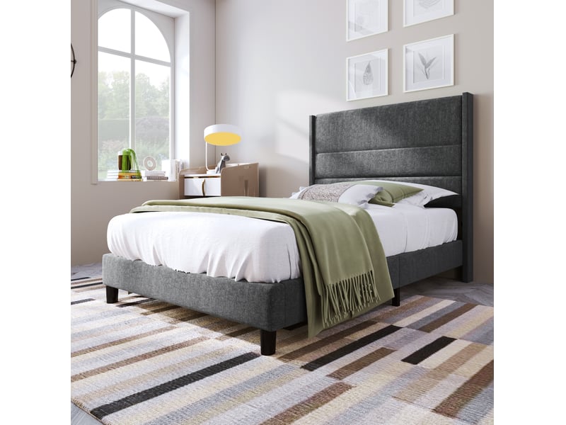  Lit simple 90x200 cm avec sommier à lattes et tête de lit en lin gris foncé  - Conforama C