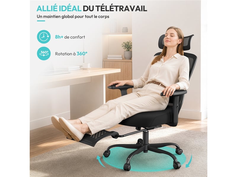 Chaise de bureau ergonomique en maille respirante avec appui-tête, repose-pieds et charge 150 kg 616441 Black - Conforama W
