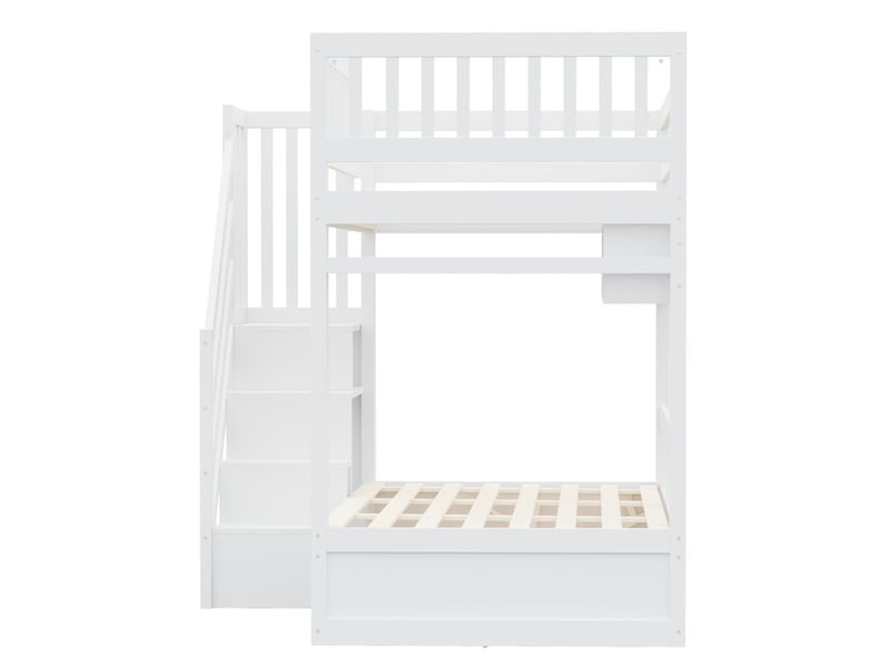  Lit mezzanine  90×200, escalier rangement, mécanisme hydraulique, étagère, led, prises eu, barrières hautes, blanc  - Conforama E