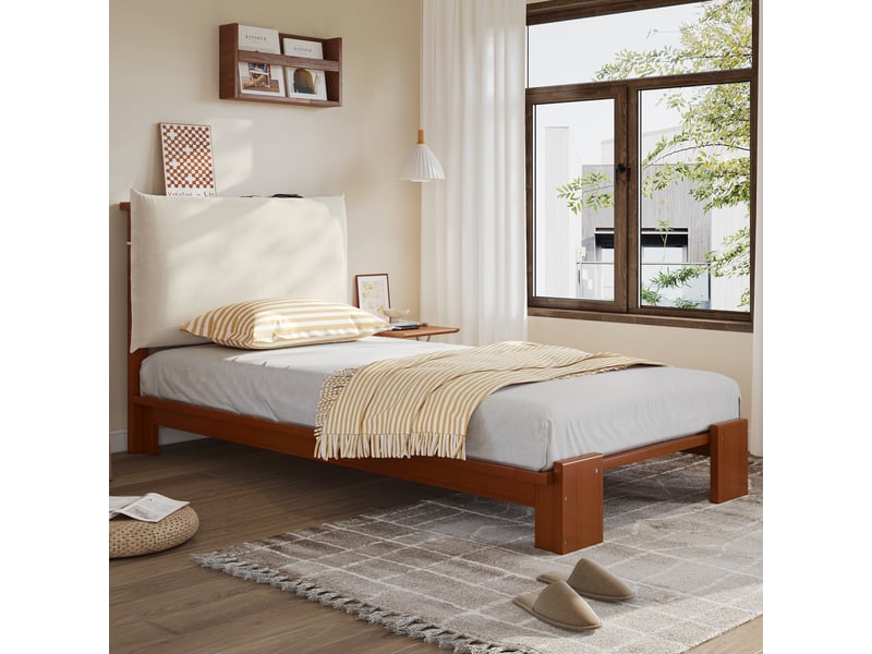  Lit simple 90x200 cm avec tête de lit en pin, cadre de lit adulte avec sommier lattes, lit 2 personnes, brun foncé, lit enfant  - Conforama D