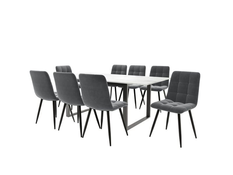  Ensemble table 140180x80x75 cm avec 8 chaises velours gris  - Conforama A