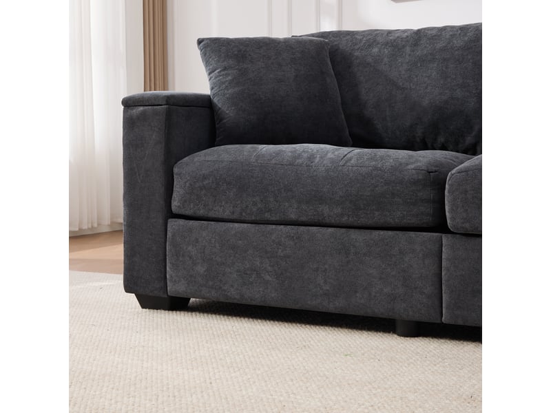  Canapé 180 cm moderne, canapé 2 places gris foncé avec rangement accoudoir et poches, tissu chenille doux, 2 coussins inclus.  - Conforama D
