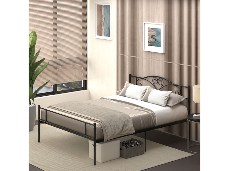 Lit double en métal avec tête de lit, cadre de lit métal 140x200, noir mat 300 kg  - Conforama C