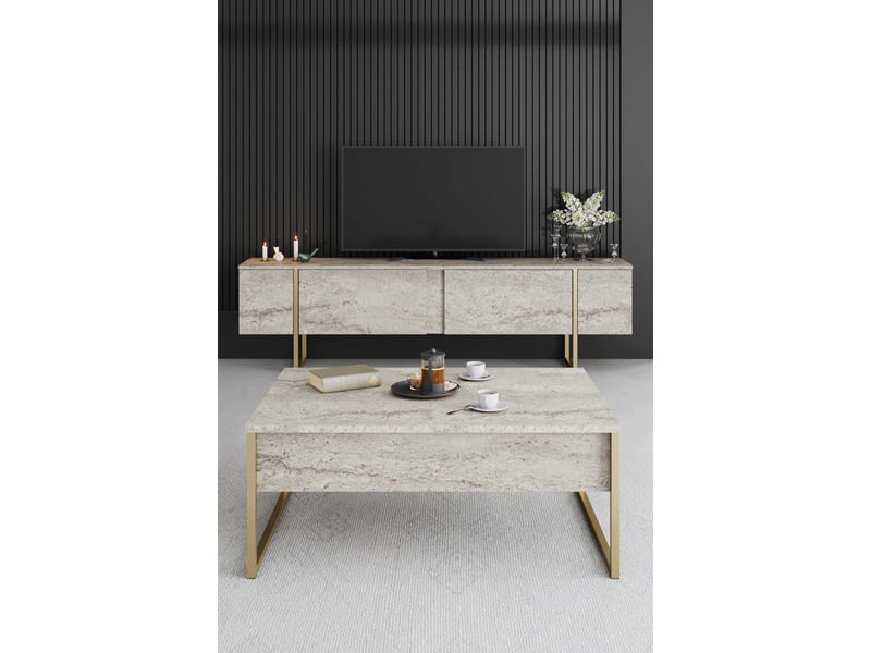 Meuble tv moderne 2 portes sibylle l180cm bois effet travertin et métal or Sibylle - Conforama E