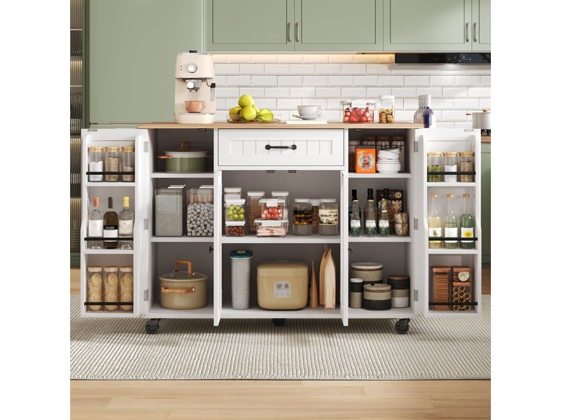  Îlot de cuisine desserte 120x4569x90 cm - plateau rabattable - roulettes verrouillables - tiroir et rangements de portes - mdf - blanc CozyNest - Conforama E
