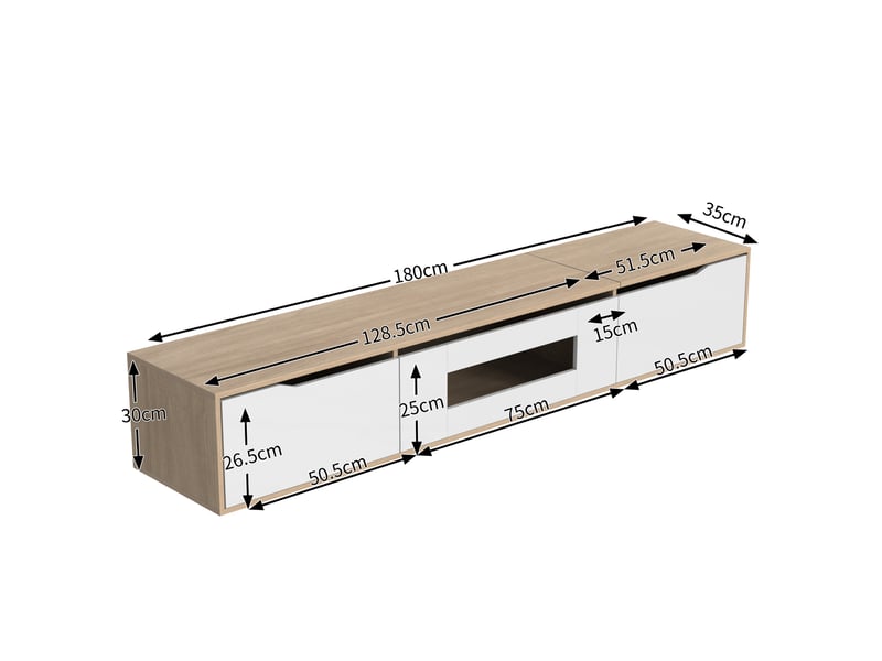  Meuble tv 180 cm blanc brillant et bois avec éclairage led multicolore intégré  - Conforama C
