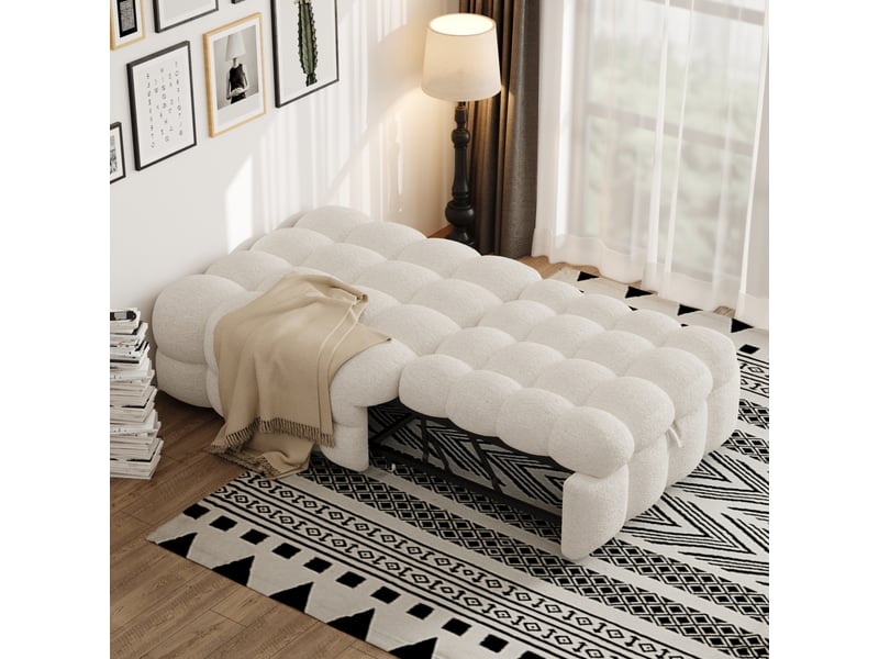  Canapé-lit capitonné 2-en-1, pouf intégré, lit d'appoint extensible, tissu bouclé beige, design moderne.  - Conforama D