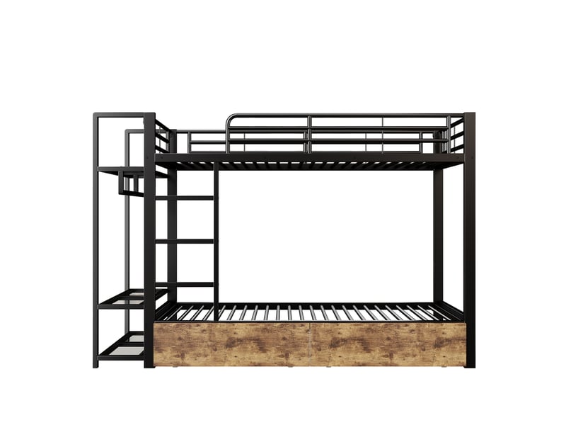  Lit superpose 90x200 cm avec bande lumineuse led et 2 tiroirs, lit enfant avec tringle à vêtements, lit 2 personnes en noir  - Conforama B