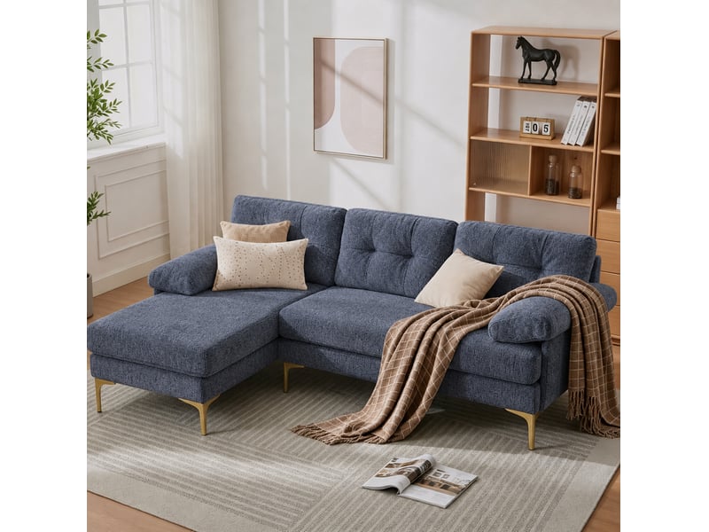 Canapé d'angle 3 places 187,5x130x79 cm avec méridienne réversible, pour salon, pratique, contemporain, en bois, bleu - Conforama B