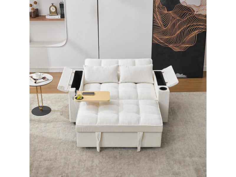 Canapé-lit convertible 3 en 1 140,5 x 74 x 82 cm, canapé 2 places avec dossier réglable, usb, table cachée et porte-gobelets, beige - Conforama E
