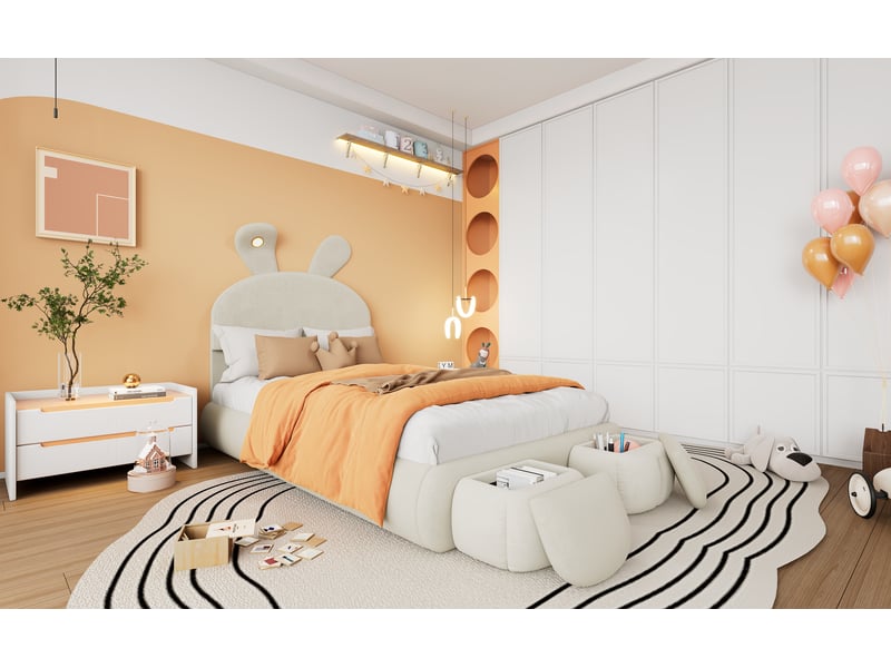  Lit enfant 90x200 cm beige velours oreilles de lapin led réglable avec deux poufs de rangement et lattes en bois Sol Morn - Conforama B
