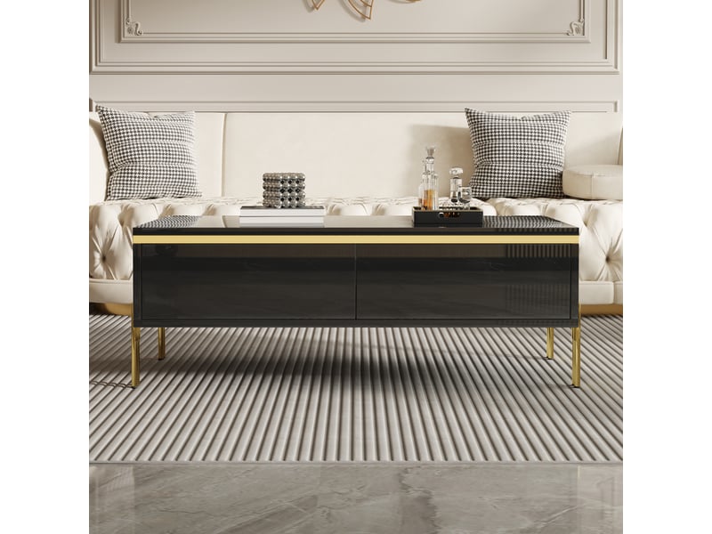Table basse 100x50x36 cm avec 2 tiroirs sur deux côtés, pieds en métal et panneaux de particules brillants, noir et doré ABC - Conforama E