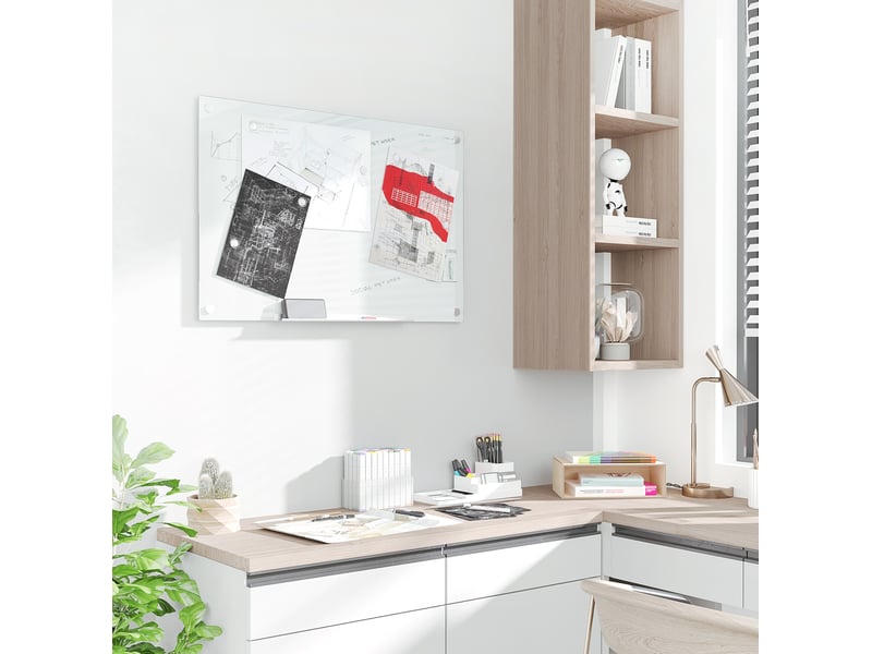  Tableau blanc magnétique en verre 90 x 60 cm blanc, avec accessoires pour écriture et planification murale  - Conforama B
