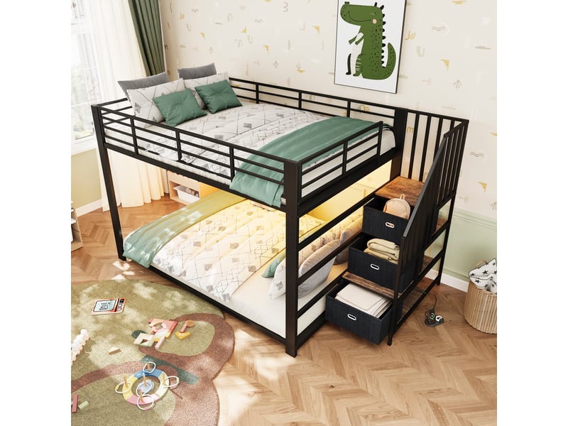  Lit superposé adulte 140x200 cm en métal avec escalier rangement, led, prises usb, barrière de sécurité, échelle réversible gauchedroite - noir  - Conforama E