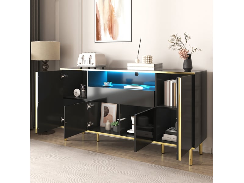 Sideboard 150x40x80 cm, finition brillante, 4 portes, 1 tiroir, mdf et panneau de particules, noir - Conforama E