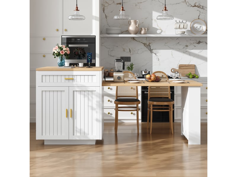 Îlot central de cuisine extensible 121,5-192 cm avec prise intégrée, 1 tiroir, rangements et étagères réglables - blanc - Conforama C