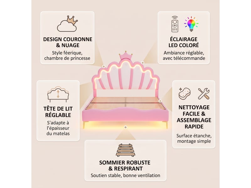  Lit simple 140x200 cm, lit capitonné enfant avec rgb led et tête de lit couronne réglable, lit capitonné avec sommier, rose  - Conforama C