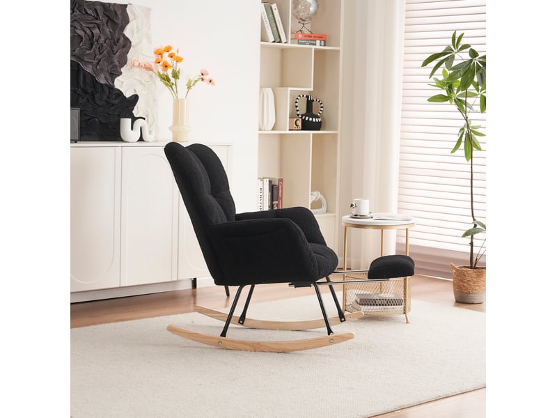Rocking-chair avec repose-pieds pliable, dossier haut tufté et accoudoirs épais en tissu teddy noir - Conforama D