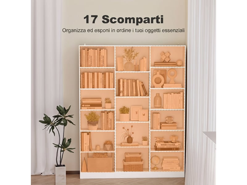 Bibliothèque gain de place à 17 compartiments, 149 x 23,6 x 188 cm, blanche - Conforama D