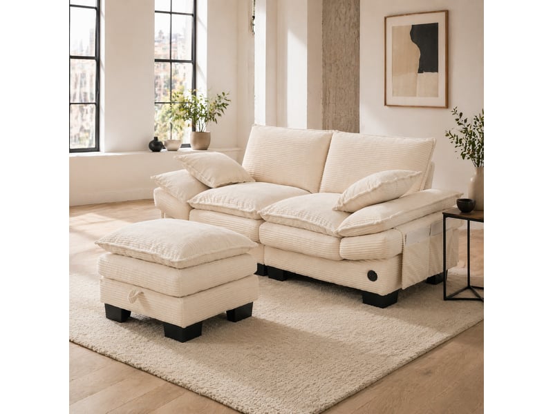 Canapé modulaire 2 places en velours côtelé avec coffre, assise large, usb-c et poches latérales, beige - Conforama B