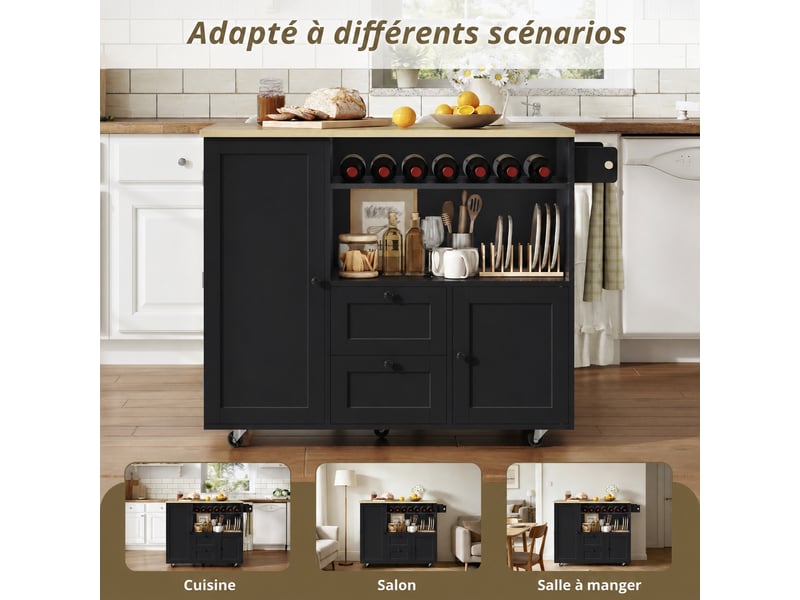 Îlot de cuisine mobile avec plateau de travail rabattable, rangement et roulettes verrouillables, noir et bois clair - Conforama C