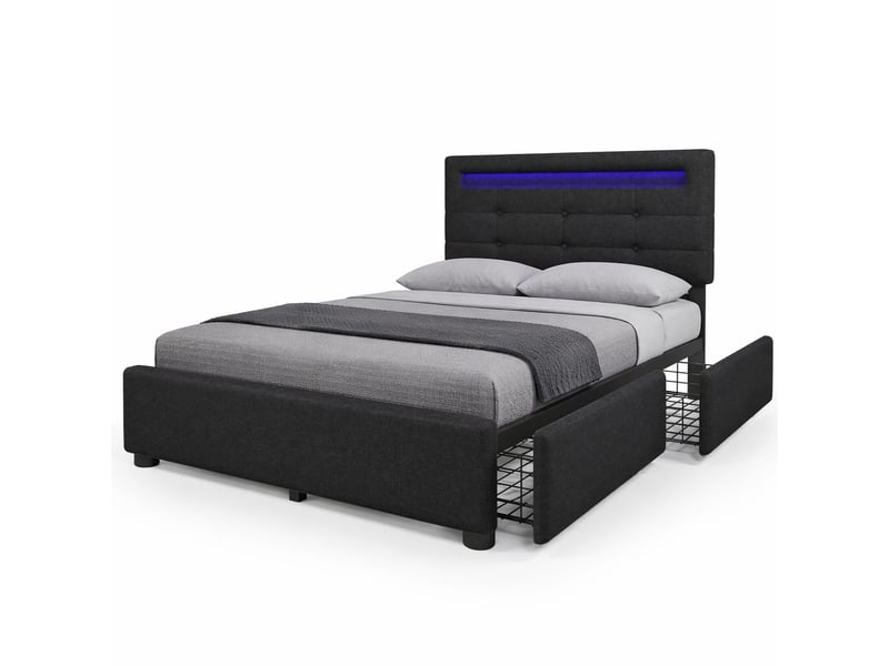 Modenvie lit 1 place 90x200 cm - led, 2 tiroirs et tête de lit réglable, matelas inclus - noir  - Conforama A