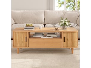 Table basse 100x50x35 cm - grand rangement - portes vitrées - 1 tiroir - 2 portes - mdf - usage quotidien - design moderne - blanc et bois naturel