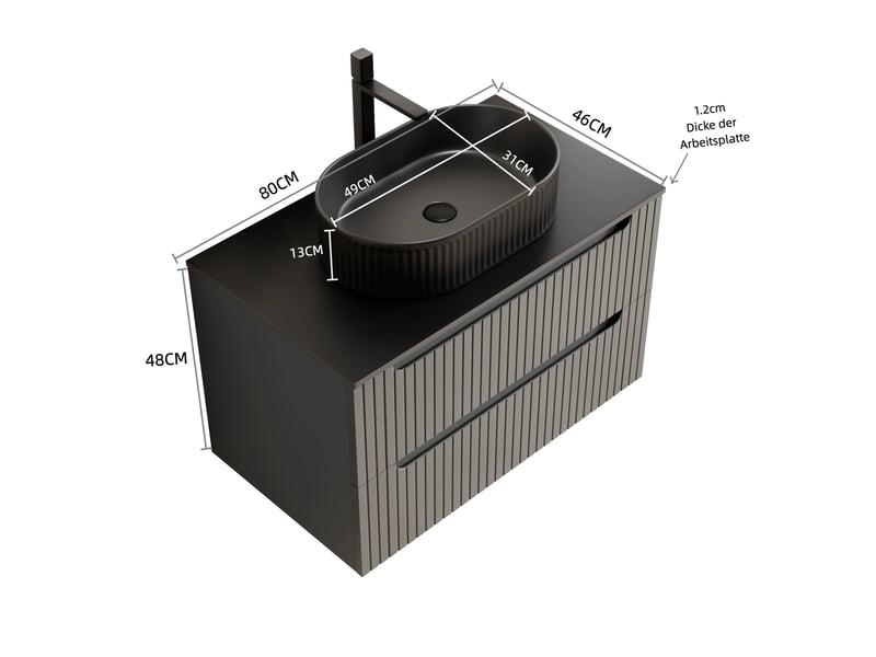 Meuble sous vasque suspendu avec 2 tiroirs, vasque ovale en céramique et plateau en pierre frittée pour salle de bain 80×46×62,2 cm - Conforama D