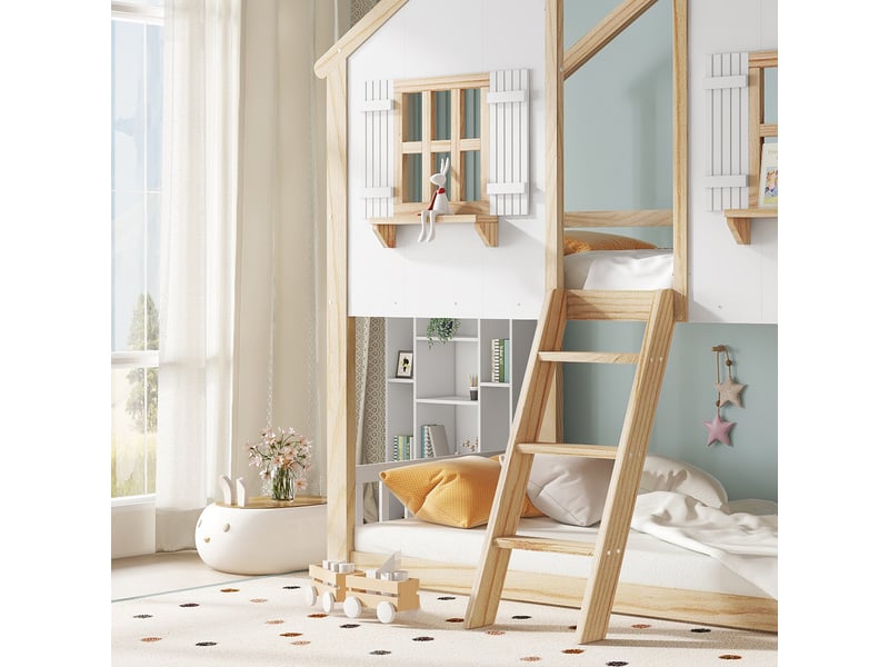  Lit superposé en bois massif et mdf blanc et naturel 90x200 cm  - Conforama B