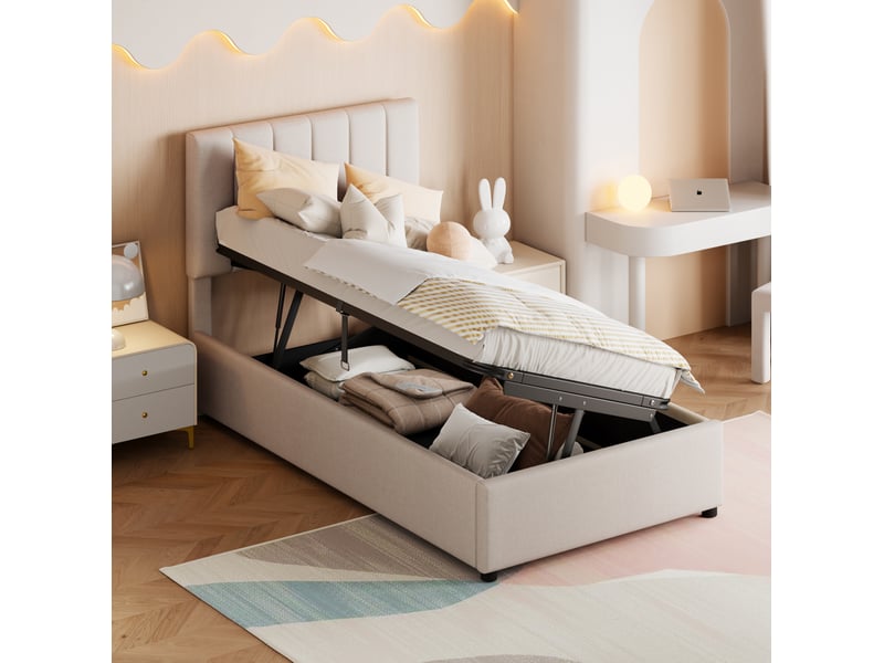  Modenvie lit coffre enfant 90x200 cm - rangement hydraulique, sans matelas - pour chambre d'enfant - beige  - Conforama B