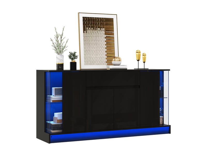  Buffet bas 150x40x75 cm avec 4 portes et 1 tiroir, éclairage led, panneau de particules, coloris noir, design moderne  - Conforama A