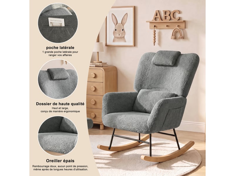 Fauteuil à bascule avec repose-pieds - 75x75x92.5cm - chaise berçante avec poches latérales et appui-tête en bouclette - gris - Conforama C