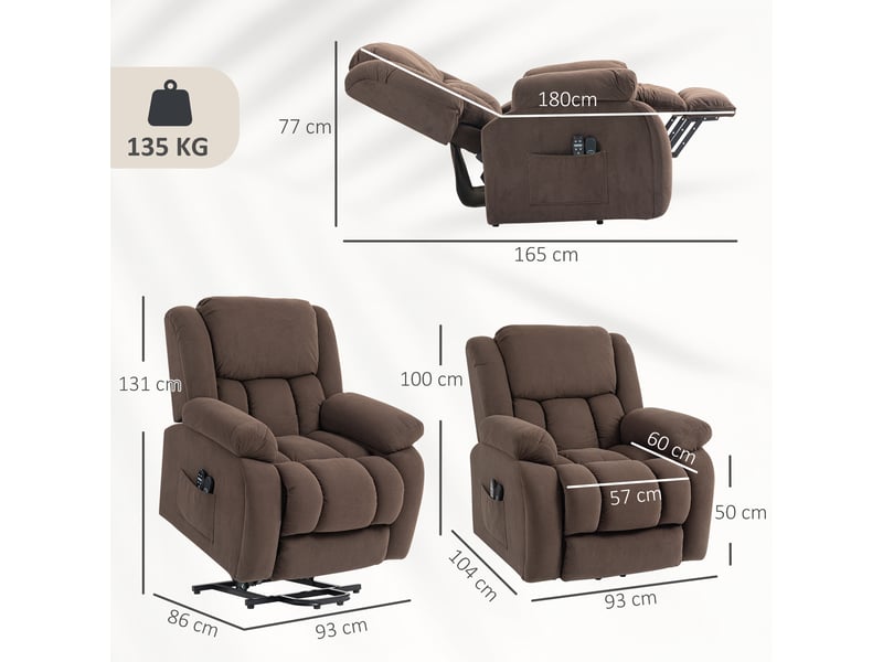  Fauteuil releveur électrique, massage et chauffage, repose-pieds, dossier inclinable, télécommande, 93x104x100cm, marron  - Conforama C