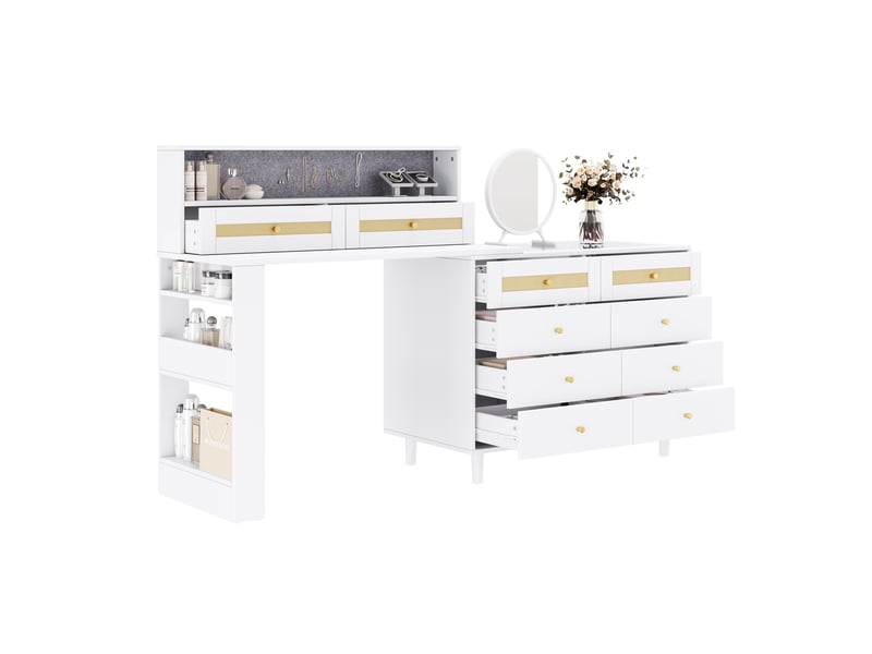  Coiffeuse adulte 105x50x107,5 cm avec miroir, 10 tiroirs, plateau en verre trempé, mdf blanc, pour chambre et dressing  - Conforama A