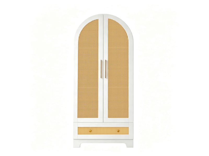 Armoire blanche 70x55x170 cm à 2 portes en rotin synthétique, tiroirs et étagères - Conforama A