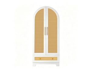 Armoire blanche 70x55x170 cm à 2 portes en rotin synthétique, tiroirs et étagères
