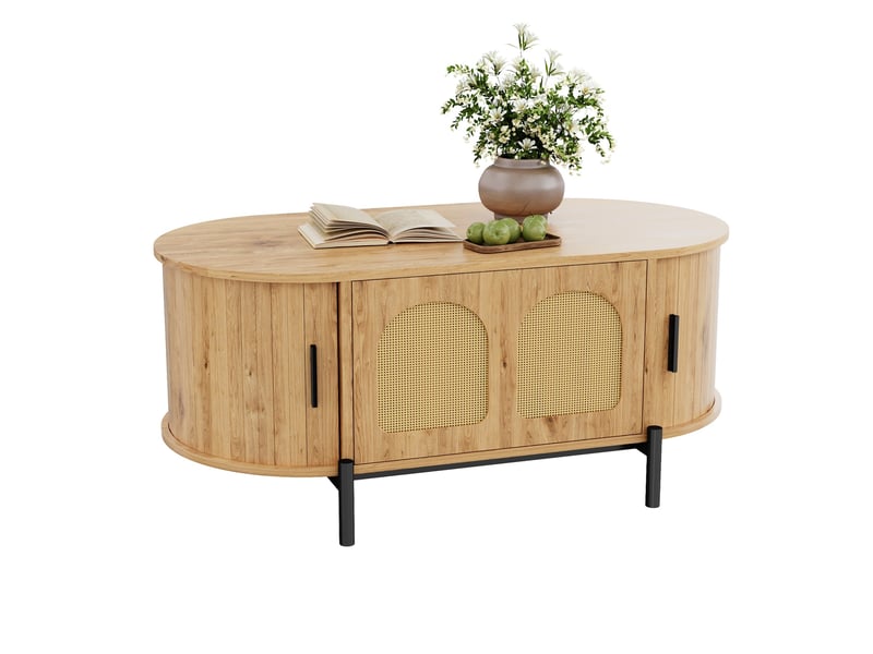  Table basse ovale en rotin 100x50x40 cm, espace de rangement, portes coulissantes, pour salon, mdf, couleur naturel  - Conforama A