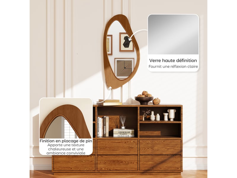  Miroir mural asymétrique 91,5 x 45 cm, miroir suspendu moderne, cadre en bois, effet bois naturel  - Conforama R