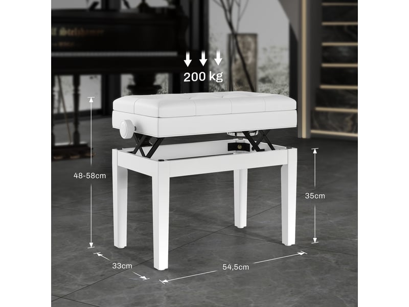  Banc de piano, banc de clavier réglable en hauteur en bois massif, compartiment de rangement, 55 x 33 x 48-58 cm blanc  - Conforama C