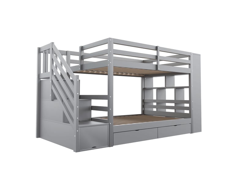  Lit superposé enfant 200×90 cm avec escalier de rangement, 2 tiroirs et barrières hautes, en pin blanc et gris  - Conforama E