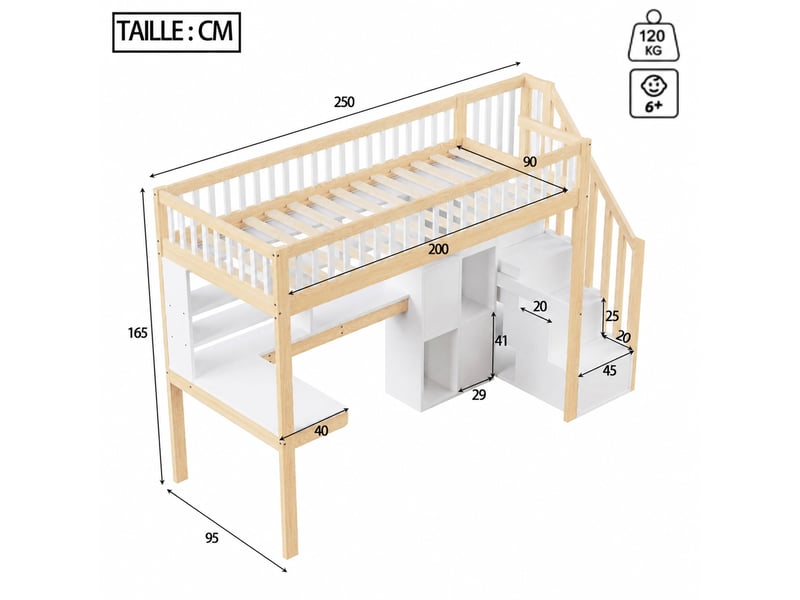  Lit mezzanine 90 x 200 cm avec bureau, rangements et led, en pin et mdf, blanc et naturel pour chambre enfant  - Conforama C