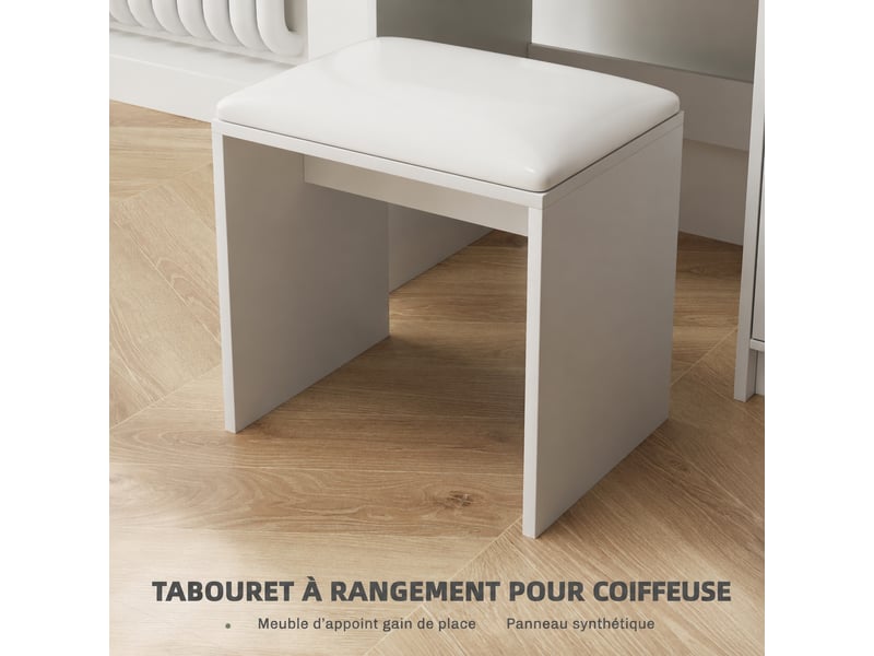  Coiffeuse blanche avec miroir et tabouret rembourré, 1 tiroir, 1 placard et 3 étagères ouvertes, 80 x 40 x 132 cm  - Conforama E