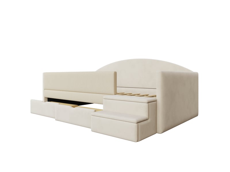  Lit enfant 90x190 cm beige en velours avec 2 tiroirs, marches antidérapantes et barrière rembourrée  - Conforama E