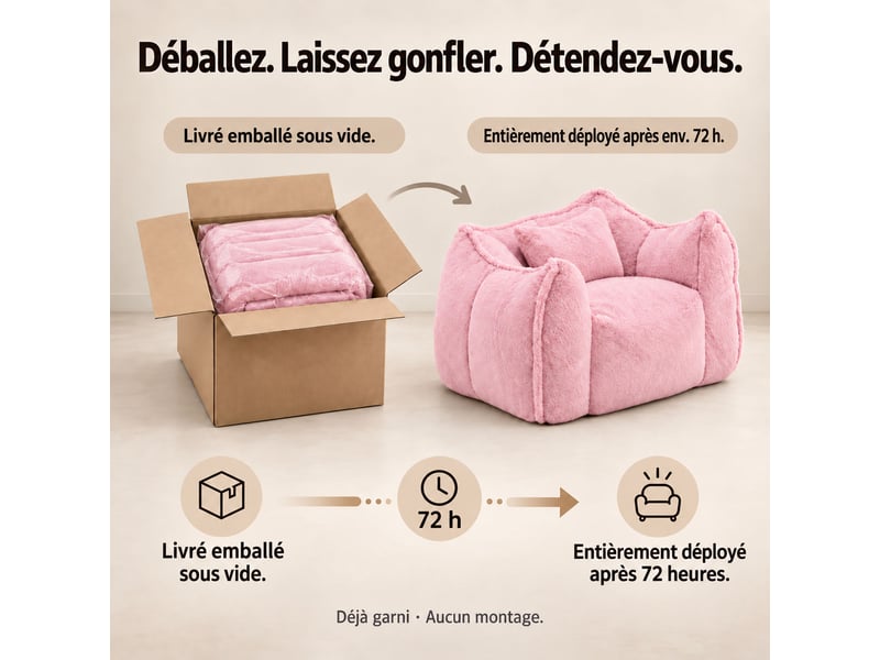  Fauteuil pouf paresseux en fausse fourrure, sans montage, rempli de mousse déchiquetée haute densité, design ergonomique,rose  - Conforama B
