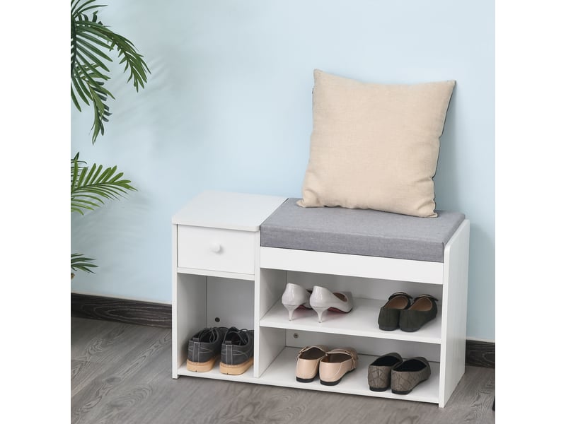  Banc à chaussures avec coussin, tiroir et 3 compartiments ouverts en bois, 81 x 31,5 x 49 cm, blanc  - Conforama C